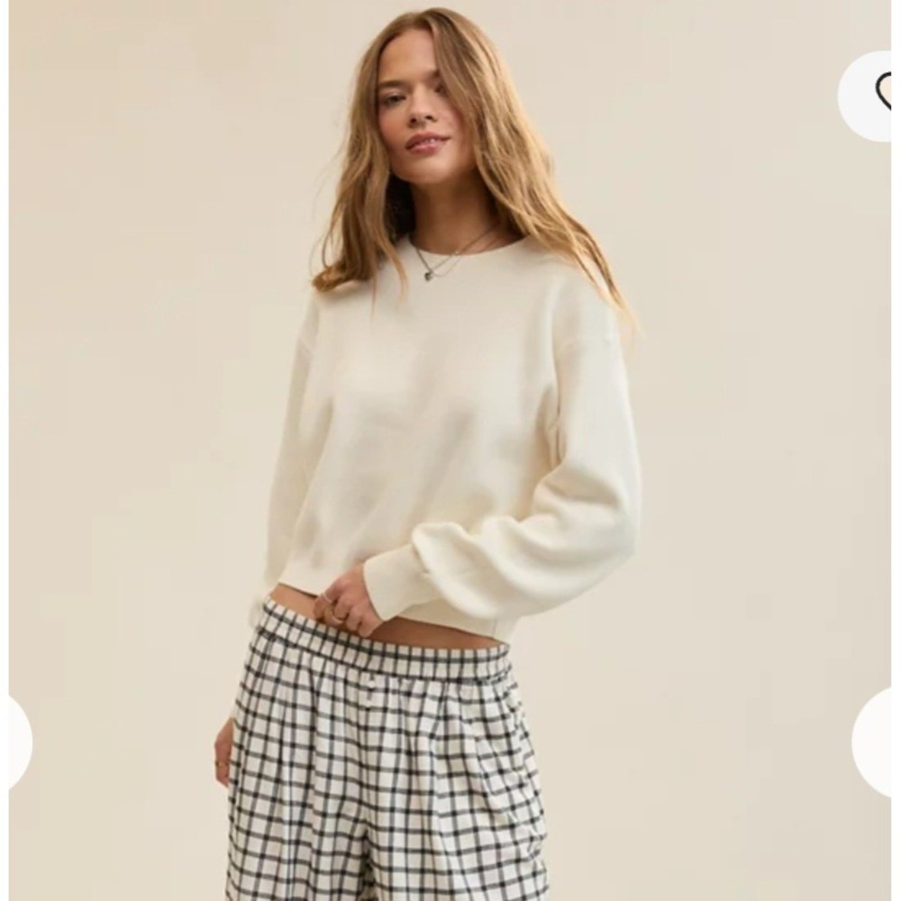 Aerie Cream Cropped Pullover Crew Neck Long Sleeve Sweatshirt Women's Size S